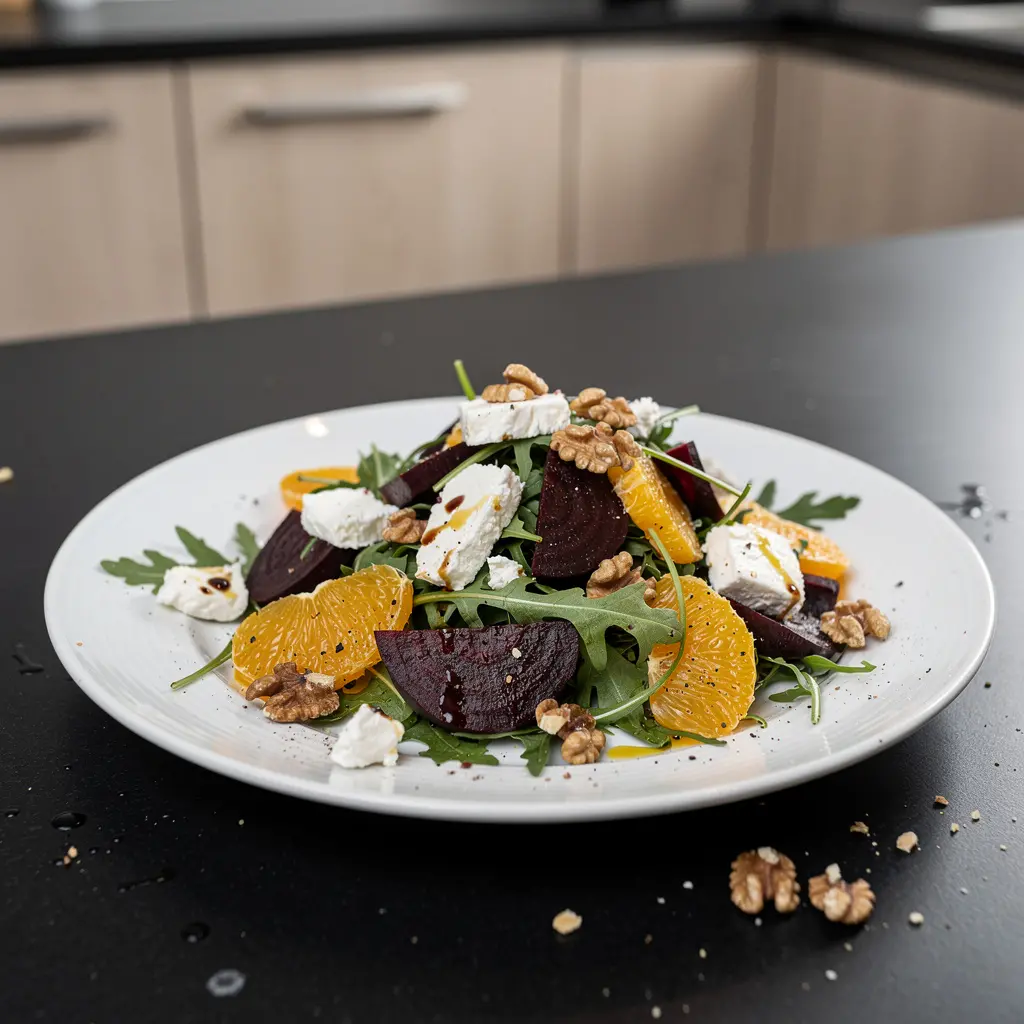 Ensalada española de remolacha asada, naranja y queso de cabra