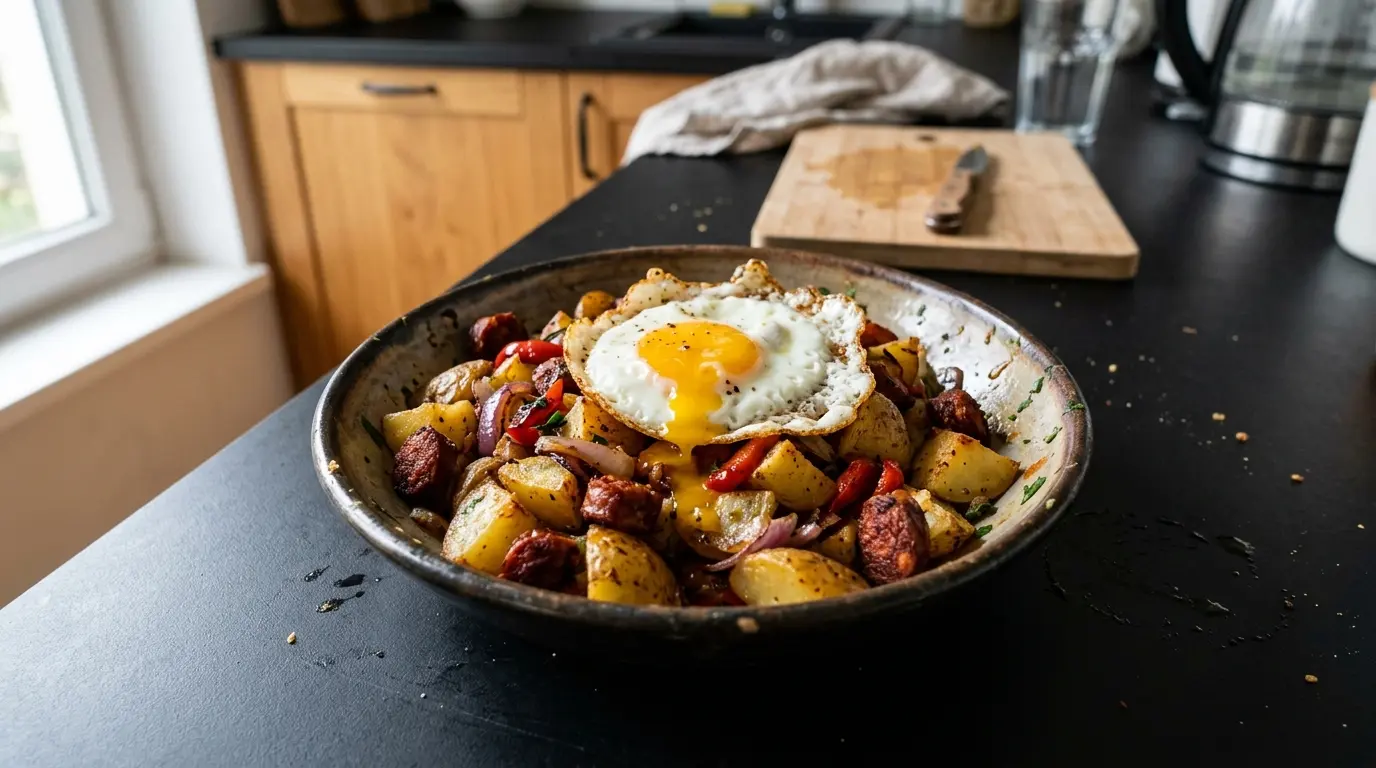 Hiszpańska sałatka z pieczonych ziemniaków, chorizo i jajka sadzonego