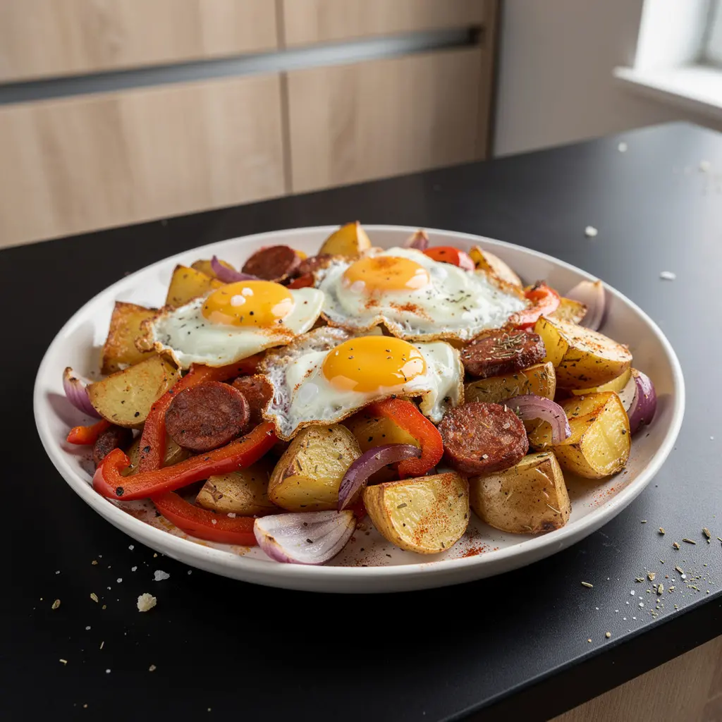 Salade espagnole de pommes de terre rôties, chorizo et œuf au plat