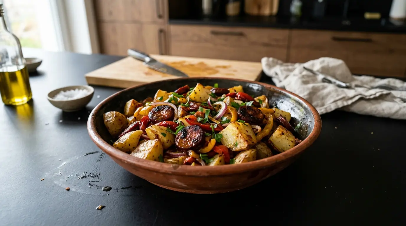 Hiszpańska sałatka z pieczonych ziemniaków, papryki i chorizo