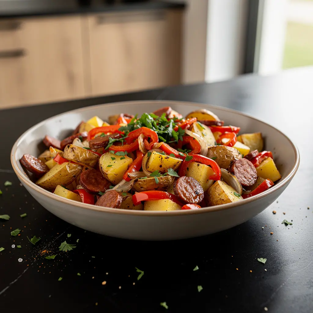 Salade espagnole de pommes de terre rôties, poivrons et chorizo