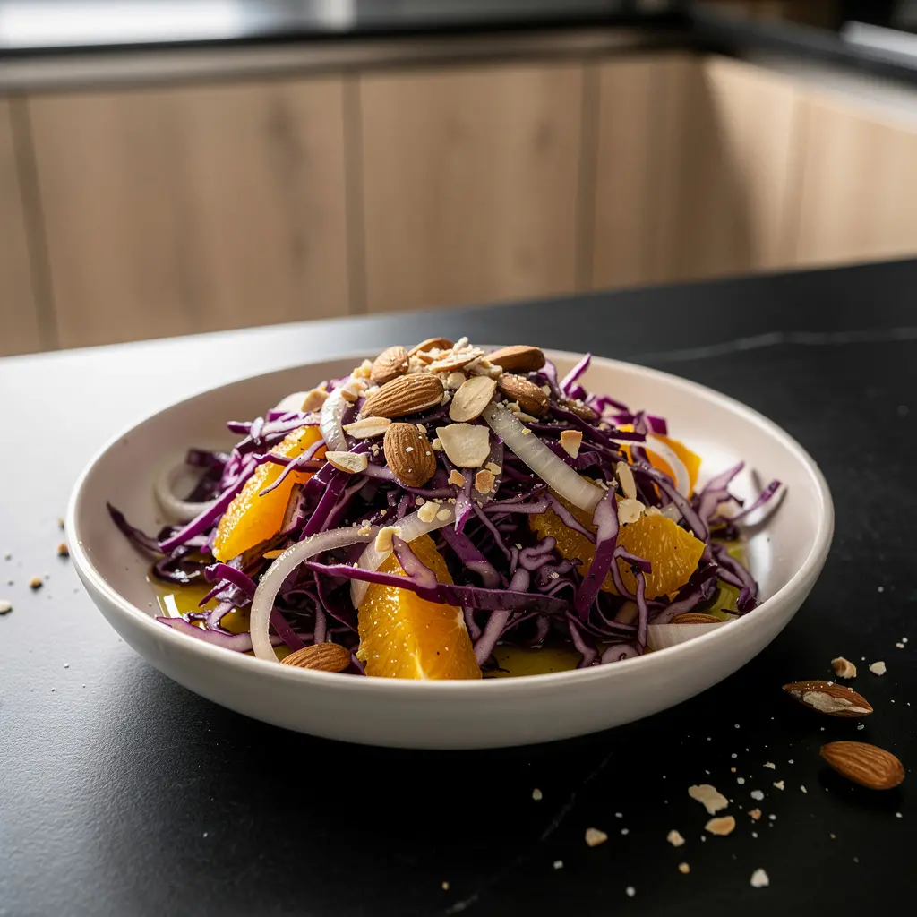Hiszpańska sałatka z pomarańczy, czerwonej kapusty i migdałów