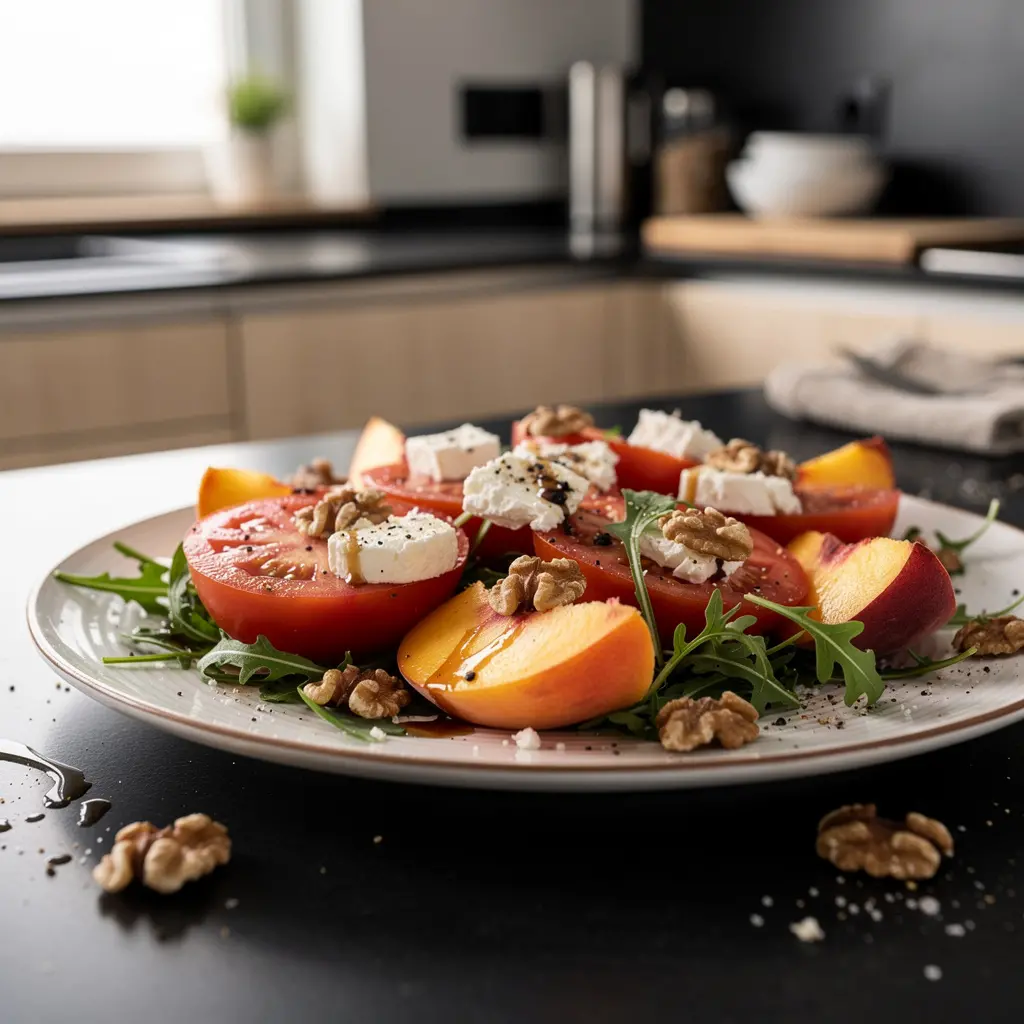 Hiszpańska sałatka z pomidorów, brzoskwiń i sera koziego