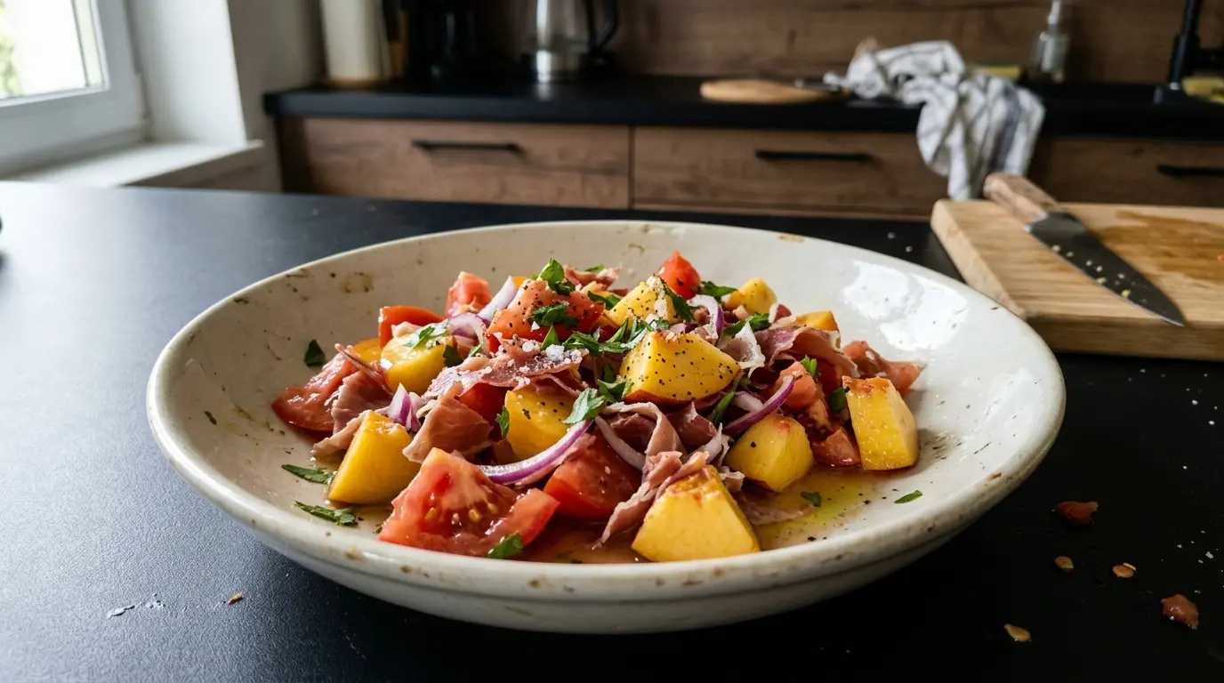 Hiszpańska sałatka z pomidorów, brzoskwiń i szynki serrano