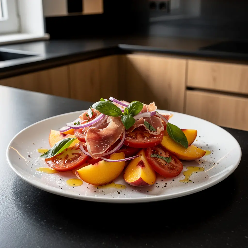 Spanischer Salat aus Tomaten, Pfirsichen und Serrano-Schinken