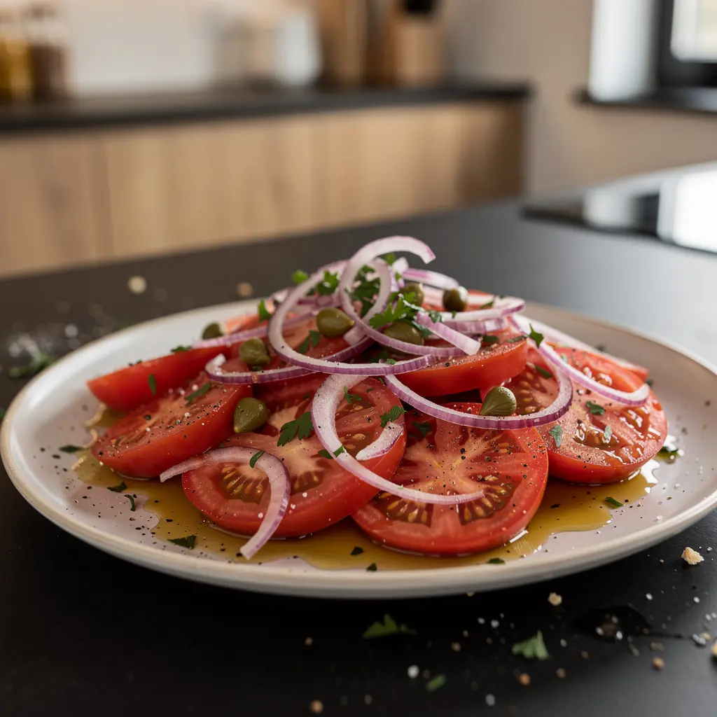 Hiszpańska sałatka z pomidorów, czerwonej cebuli i kaparów