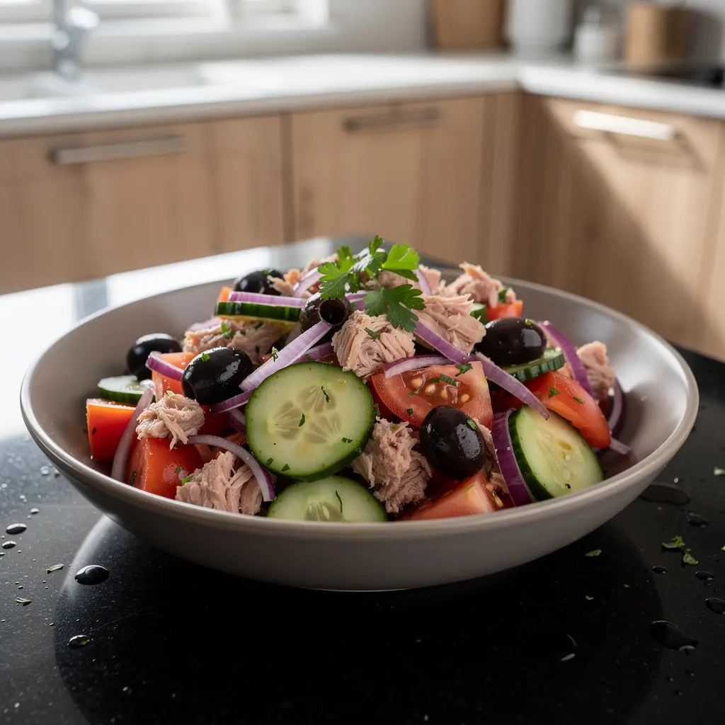 Spanish Tomato, Cucumber and Red Onion Salad with Tuna