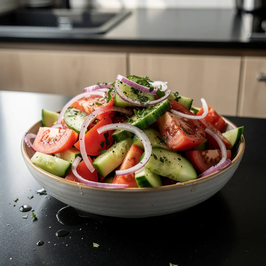 Insalata spagnola di pomodori, cetriolo e cipolla rossa