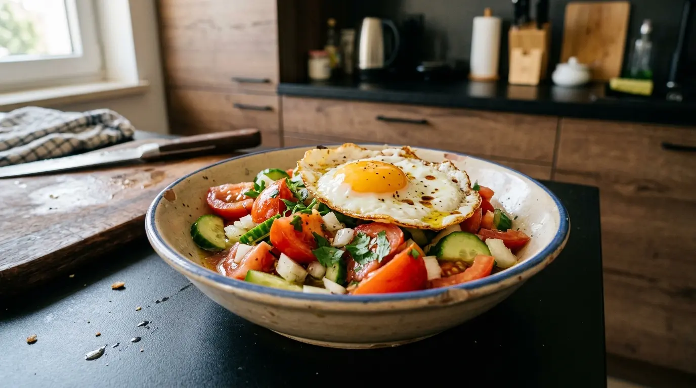 Spanischer Salat mit Tomaten, Gurke und Spiegelei