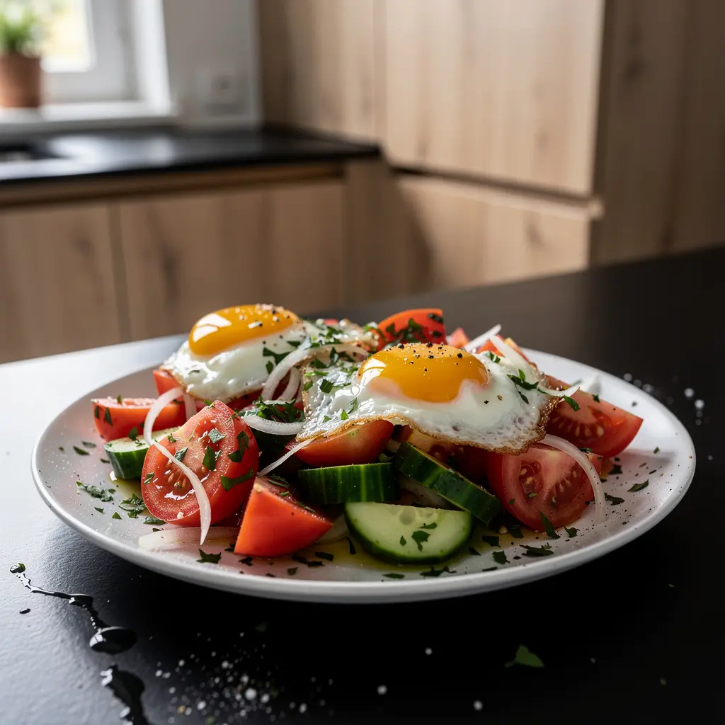 Spanish Salad with Tomatoes, Cucumber and Fried Egg