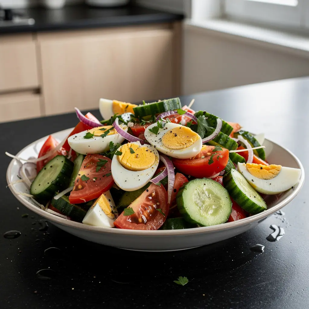 Spanish Tomato, Cucumber and Pepper Salad with Egg