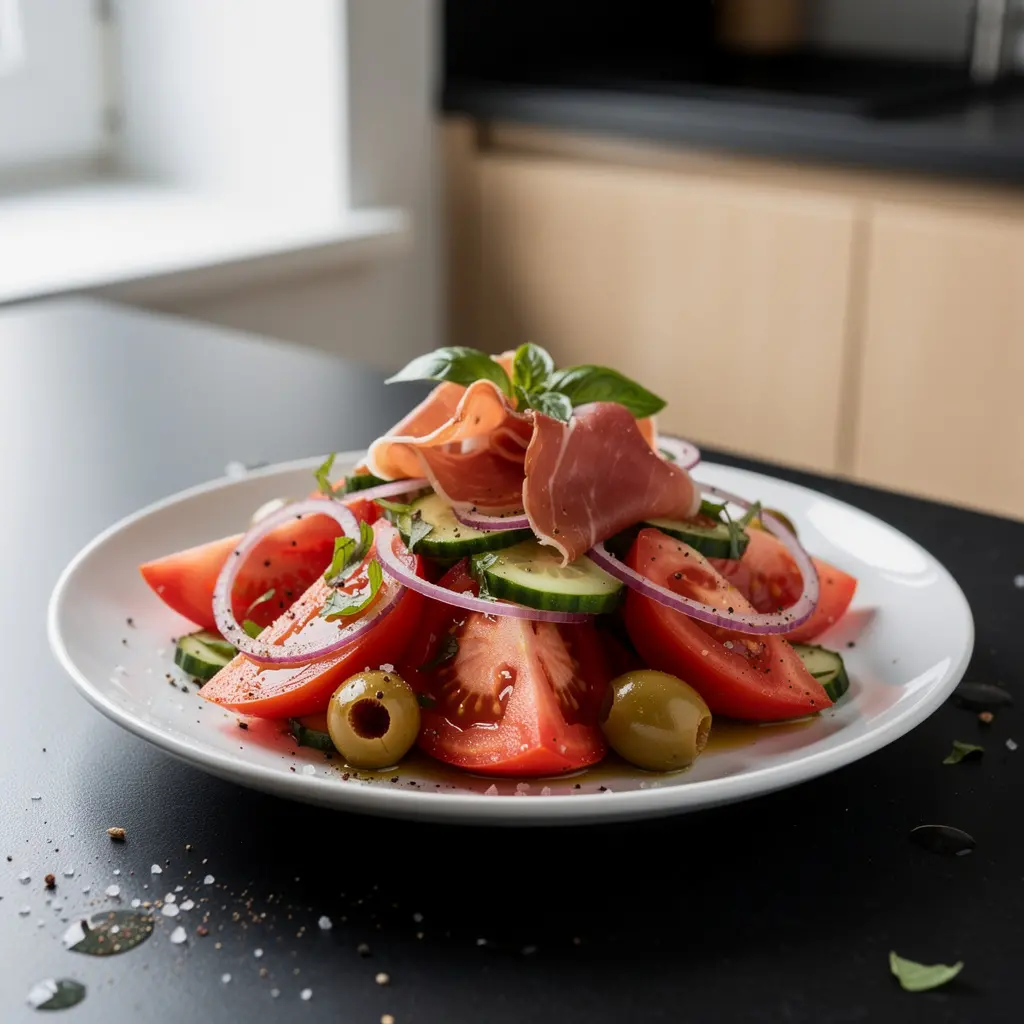 Hiszpańska sałatka z pomidorów, ogórka i szynki serrano