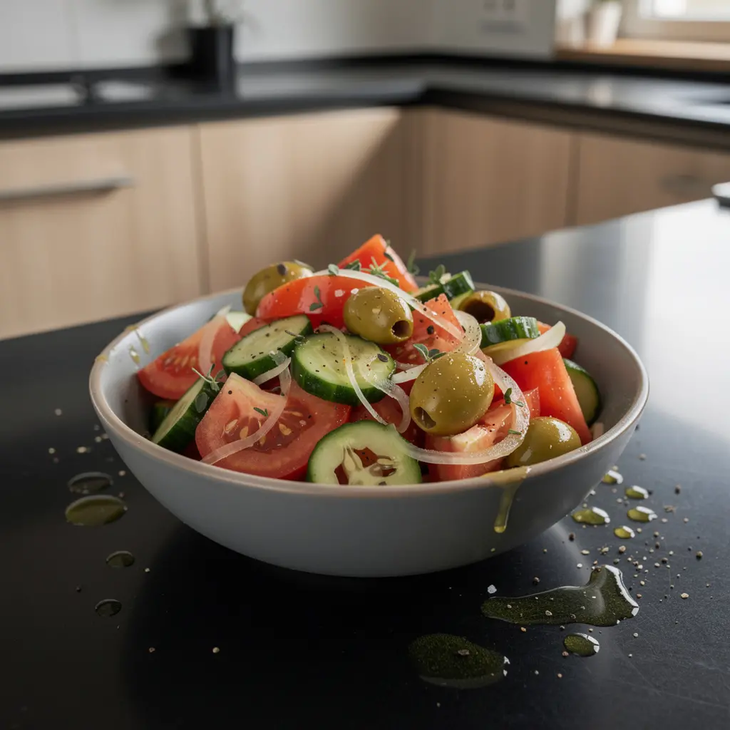Hiszpańska sałatka z pomidorów, ogórka i zielonych oliwek