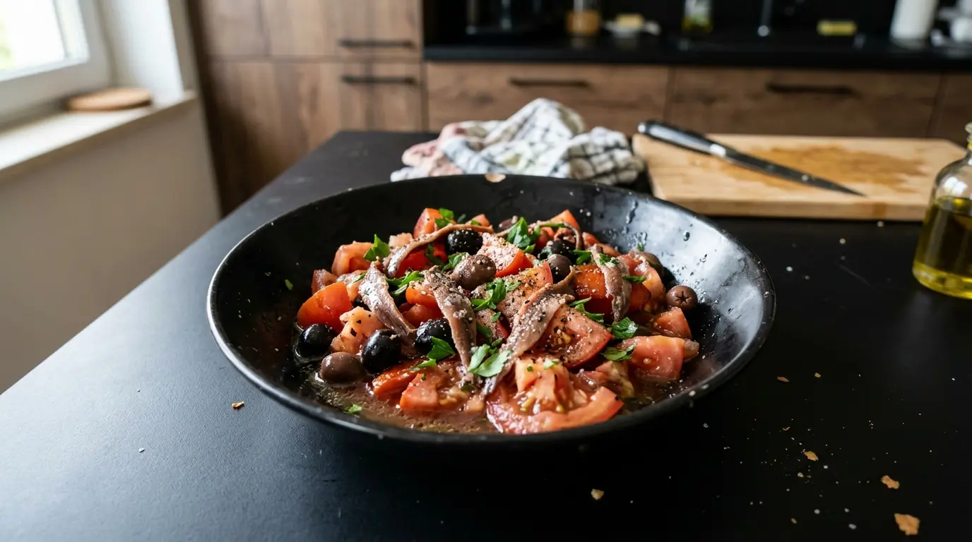 Hiszpańska sałatka z pomidorów, oliwek i anchois