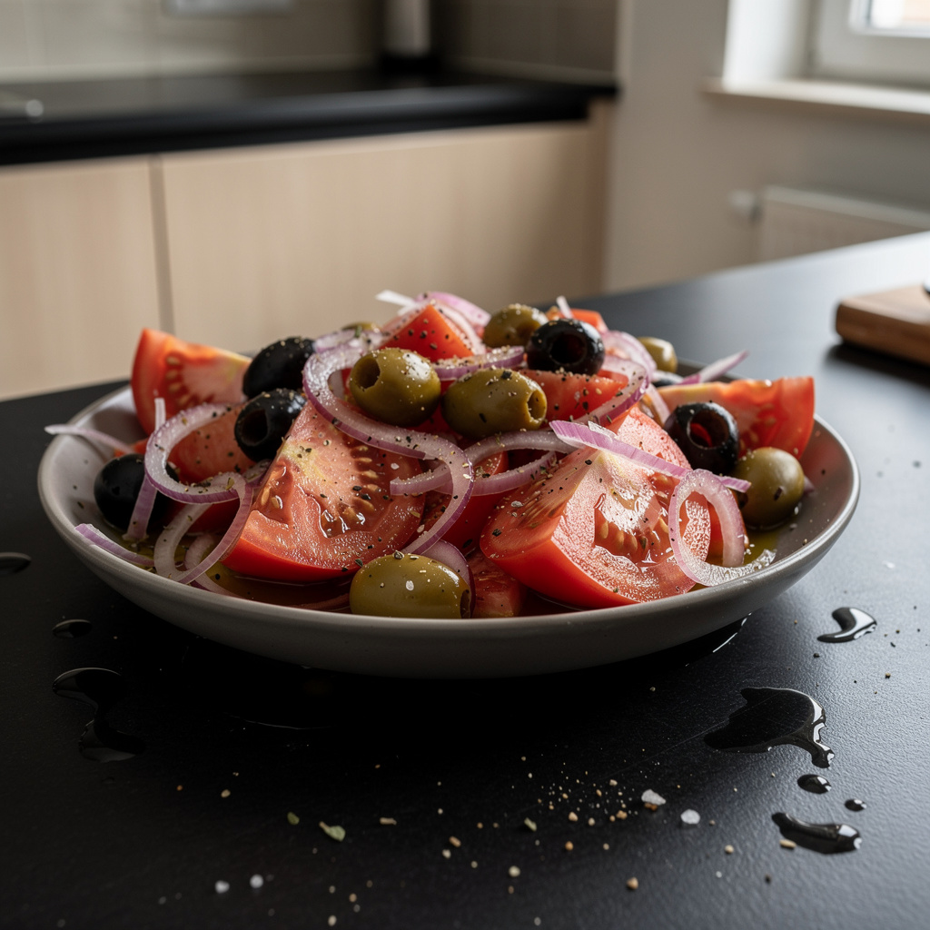 Spanischer Tomatensalat mit Oliven und roter Zwiebel