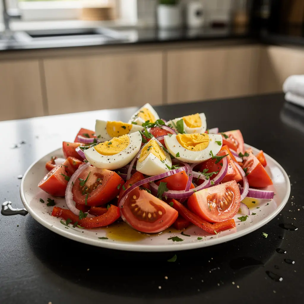 Spanish Salad with Tomatoes, Peppers and Hard-Boiled Eggs