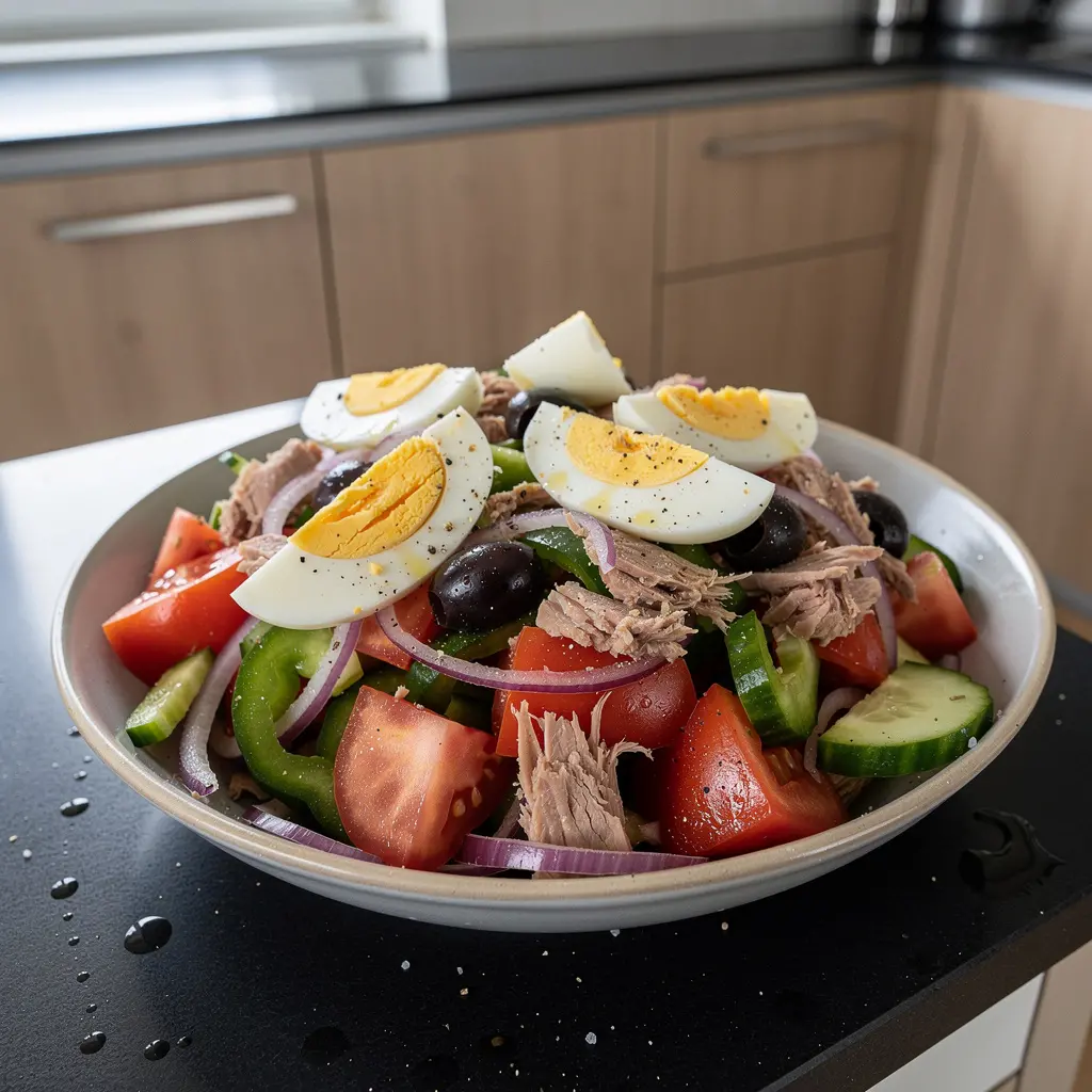 Spanischer Salat aus Tomaten, Paprika und Thunfisch mit Ei