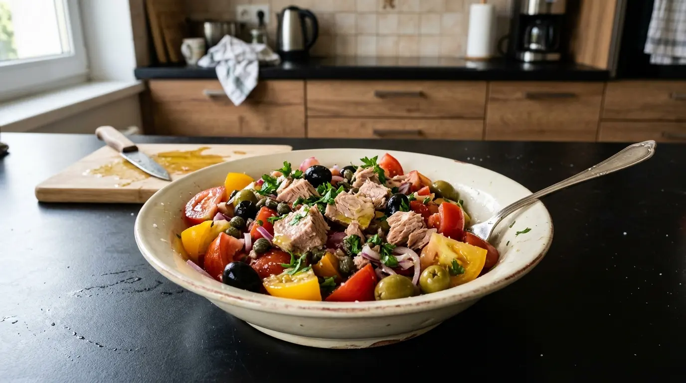 Salade espagnole de tomates, thon et olives avec câpres