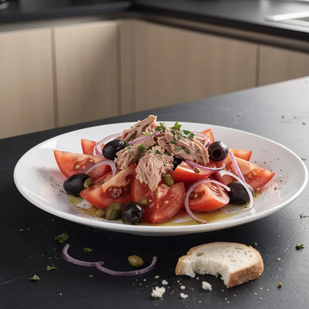 Insalata spagnola di pomodori, tonno e olive con capperi