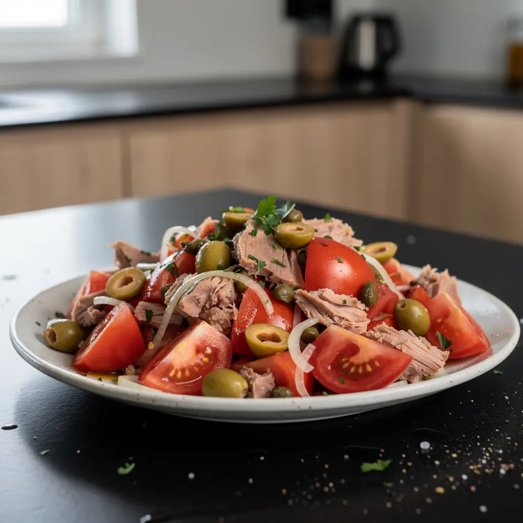 Spanish Salad with Tomatoes, Tuna and Green Olives with Capers