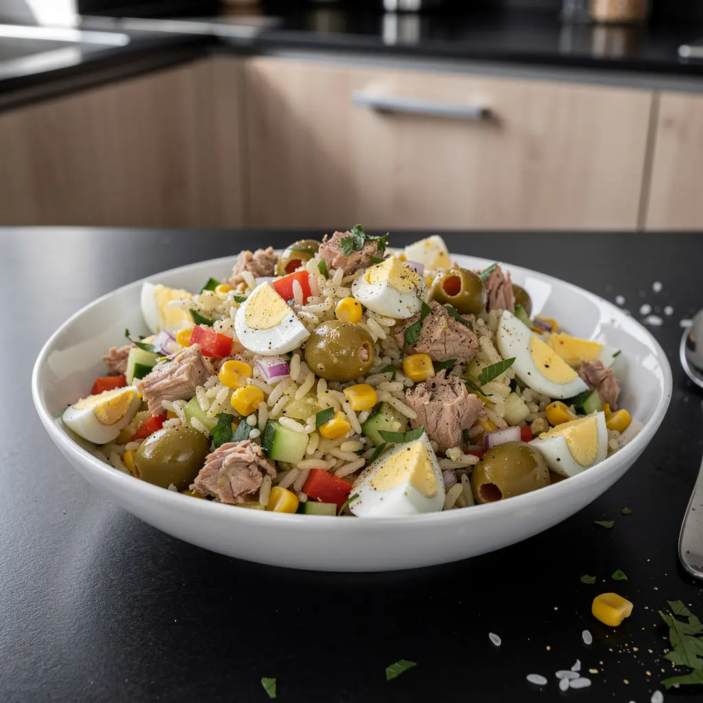 Hiszpańska sałatka z ryżu, tuńczyka i oliwek