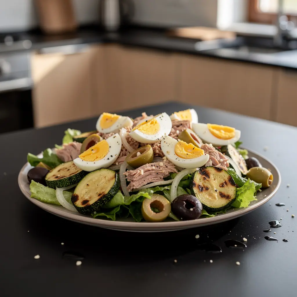 Hiszpańska sałatka z tuńczyka, jajka i pieczonej cukinii