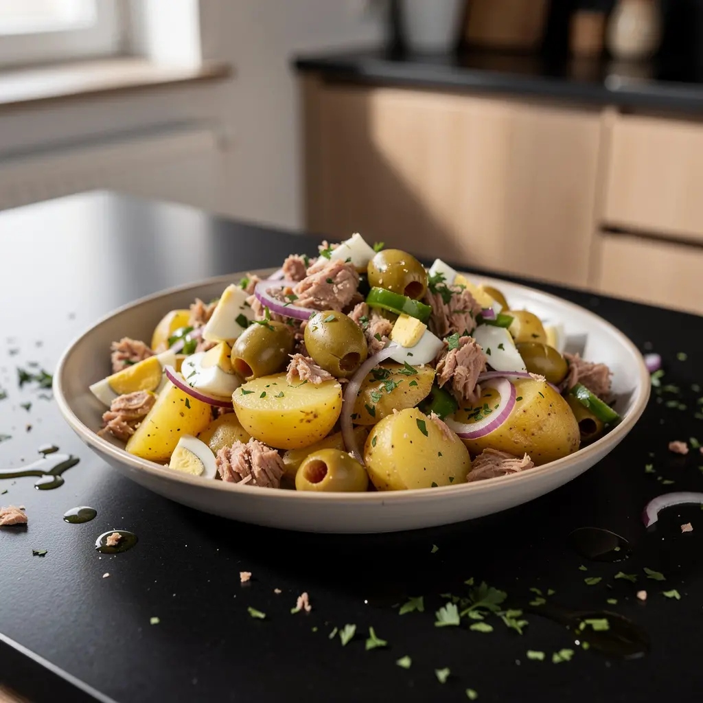 Hiszpańska sałatka ziemniaczana z tuńczykiem i oliwkami