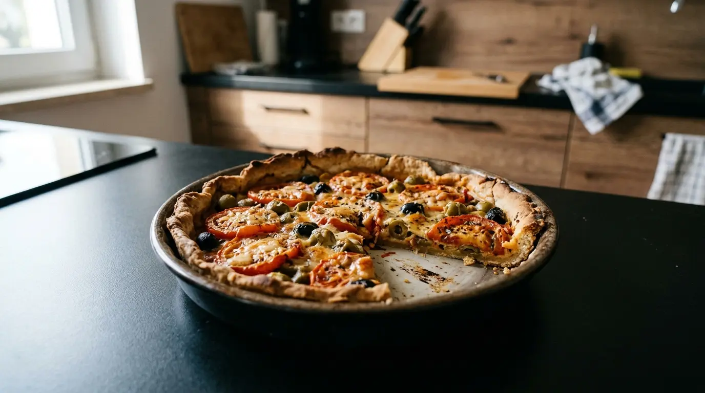 Spanish tart with tomatoes, olives and cheese