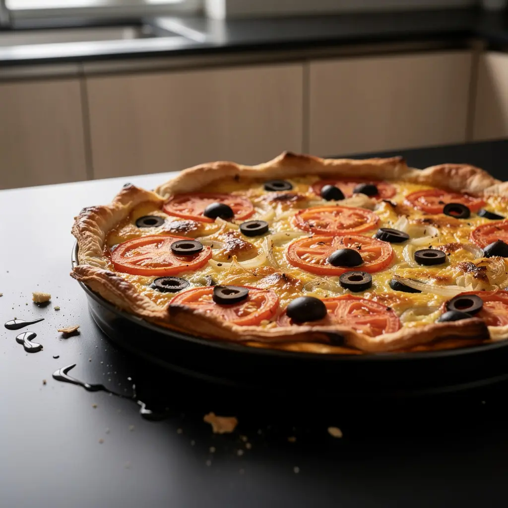 Spanish tart with tomatoes, olives and cheese
