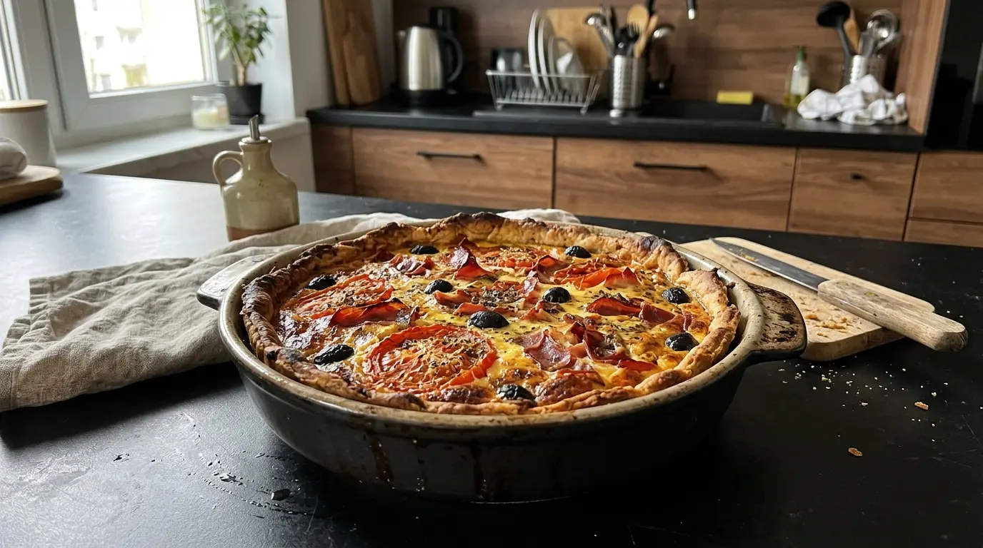 Tarte espagnole aux tomates, jambon serrano et olives