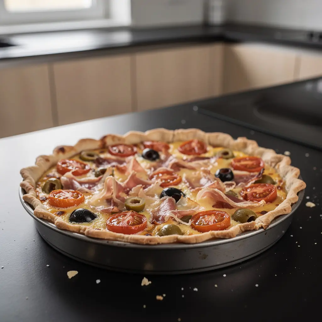 Spanish tart with tomatoes, serrano ham and olives