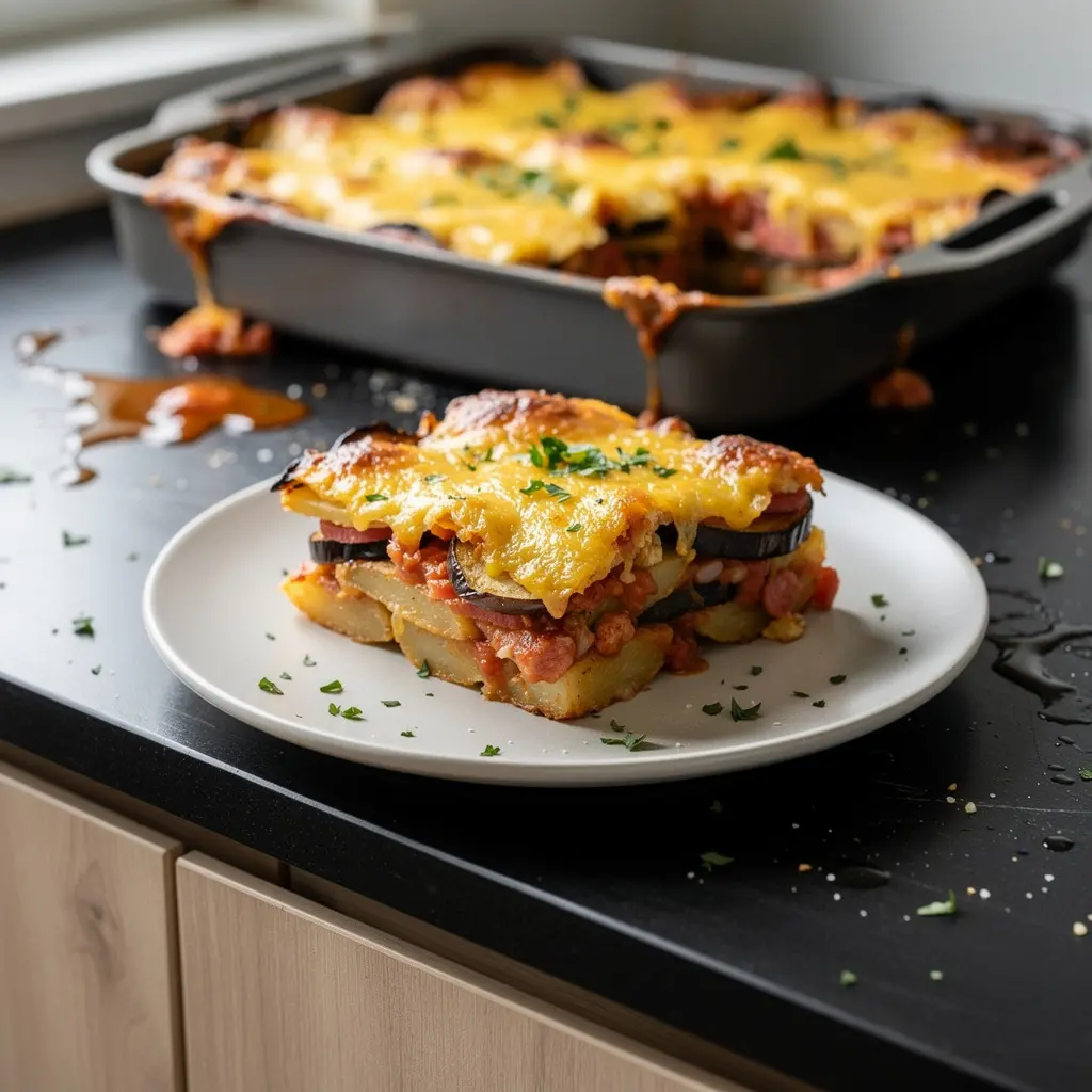 Hiszpańska zapiekanka z bakłażana, ziemniaków i chorizo