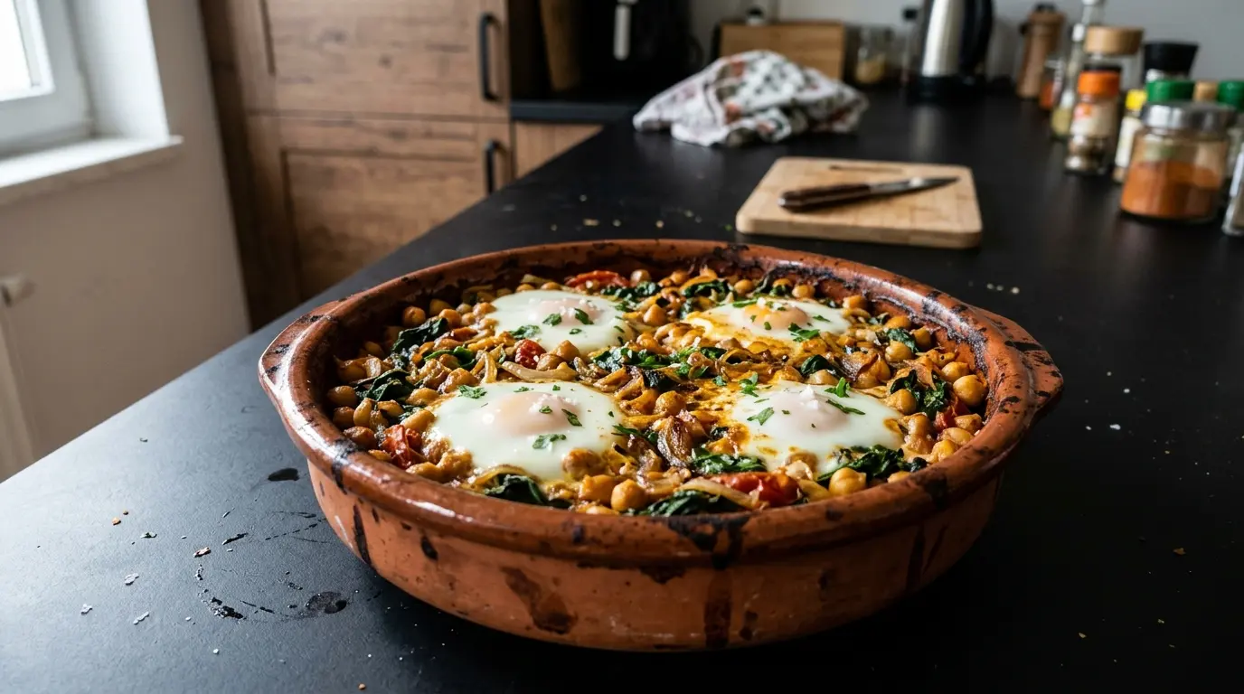Cazuela española de garbanzos, espinacas y huevos