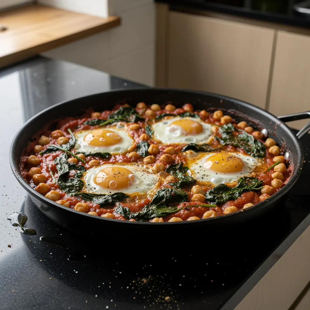 Spanischer Auflauf mit Kichererbsen, Spinat und Eiern