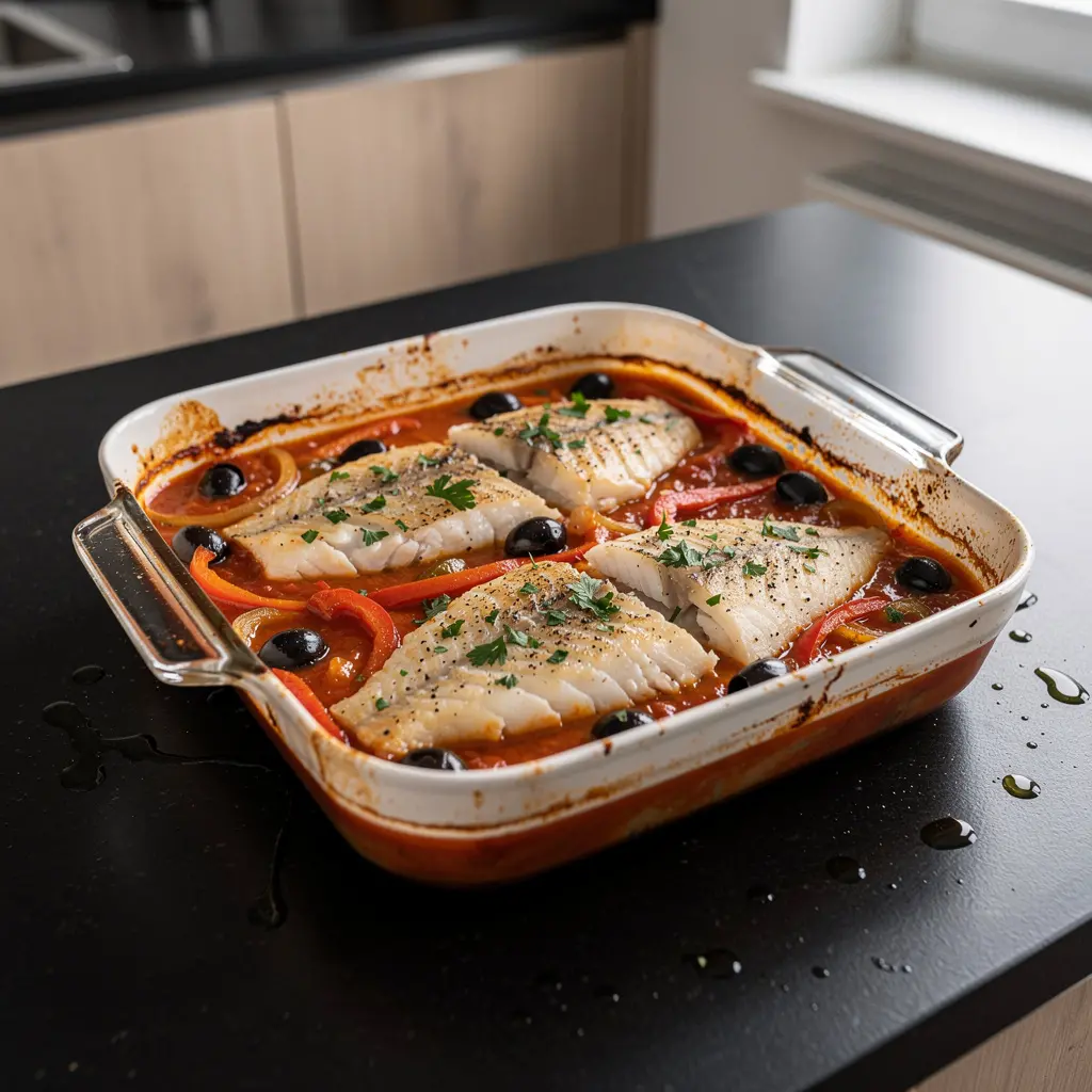 Hiszpańska zapiekanka z dorsza, pomidorów i oliwek