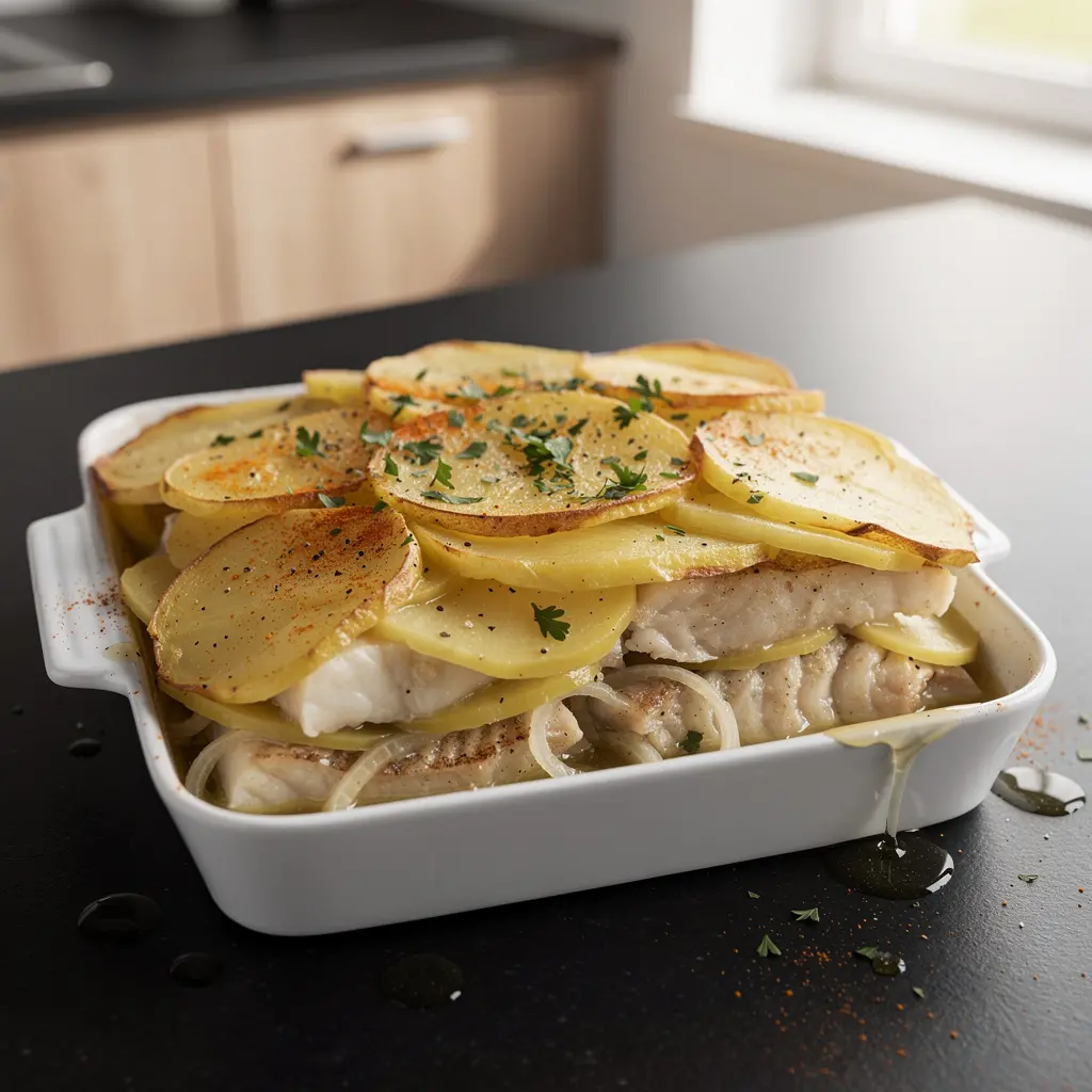 Hiszpańska zapiekanka z dorsza, ziemniaków i cebuli