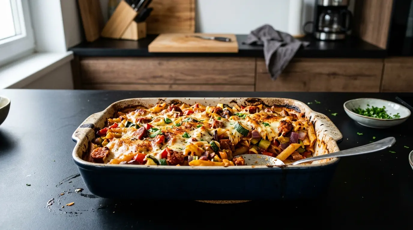Hiszpańska zapiekanka z makaronu, chorizo i cukinii