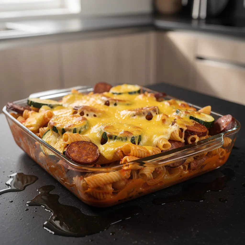 Pasta al forno spagnola con chorizo e zucchine