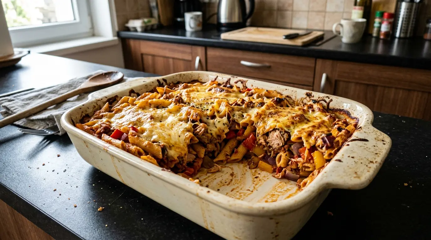 Hiszpańska zapiekanka z makaronu, papryki i tuńczyka