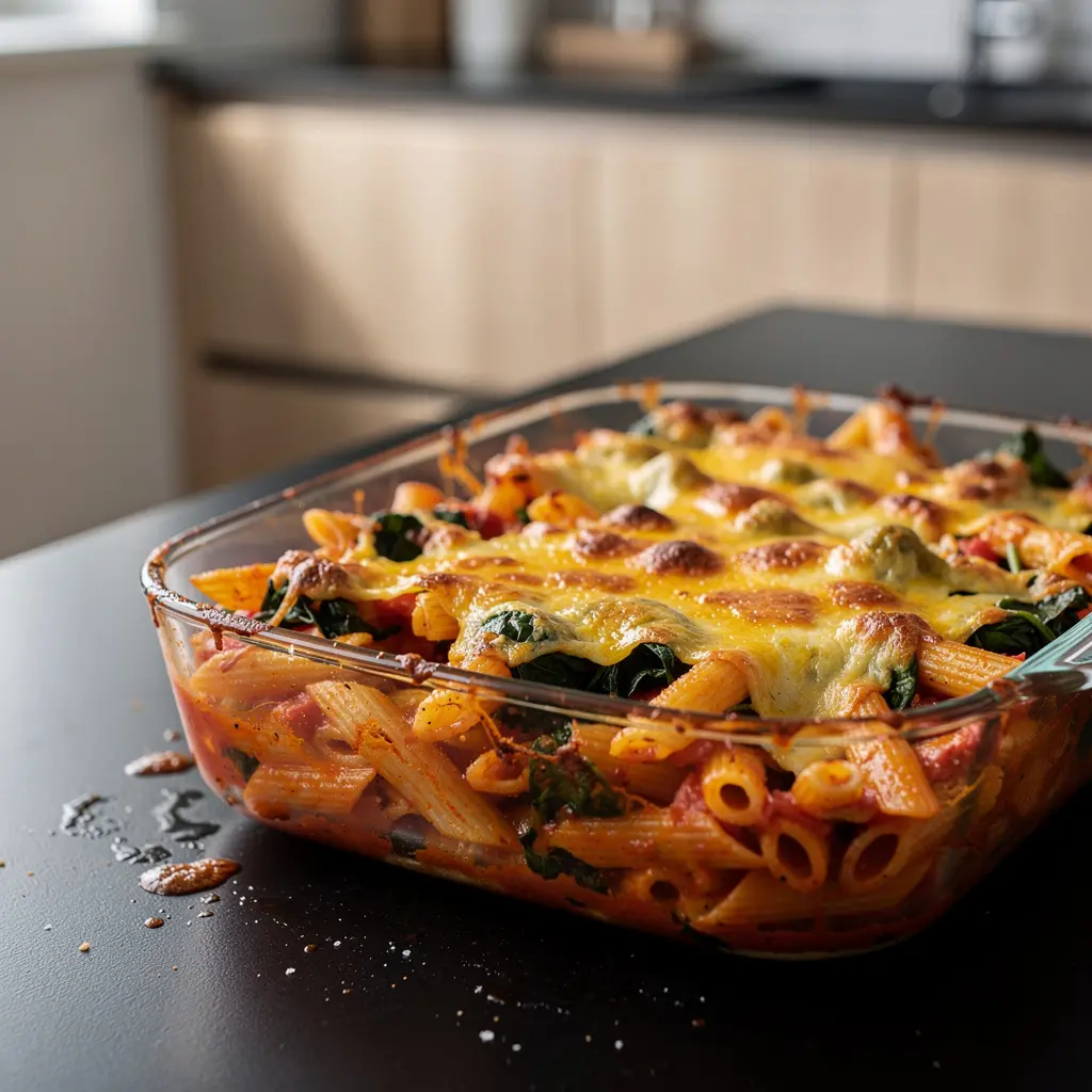 Pasta al forno spagnola con spinaci e formaggio