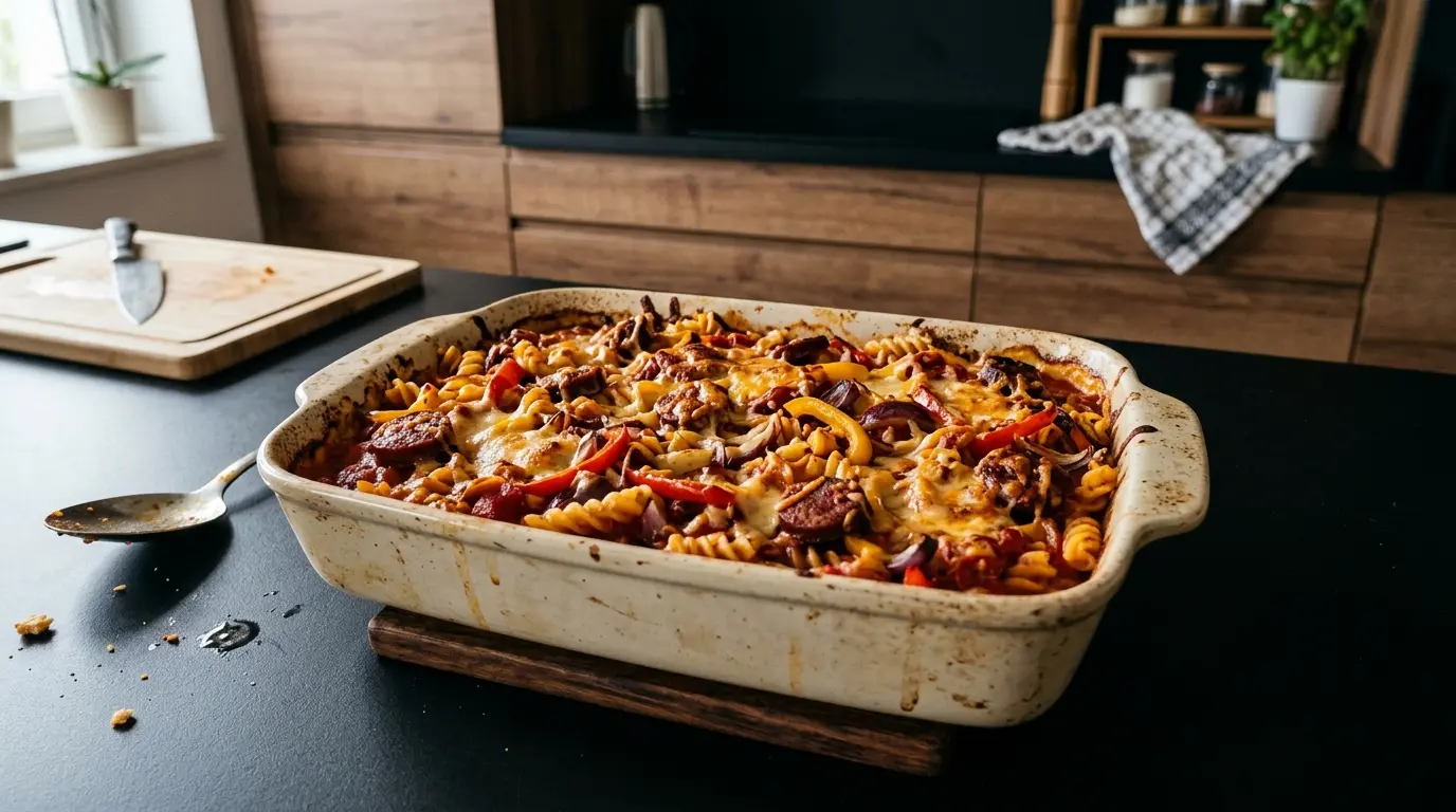 Hiszpańska zapiekanka z makaronu z chorizo i papryką