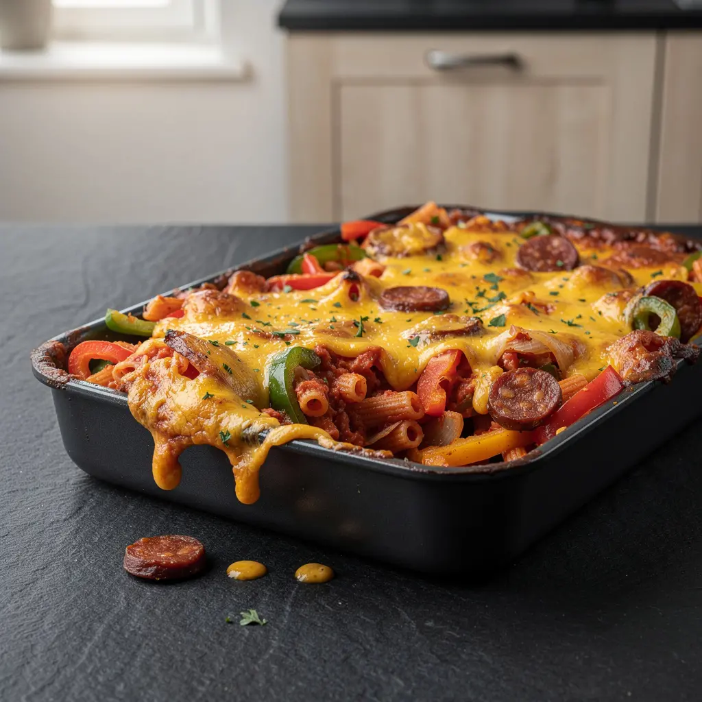 Hiszpańska zapiekanka z makaronu z chorizo i papryką