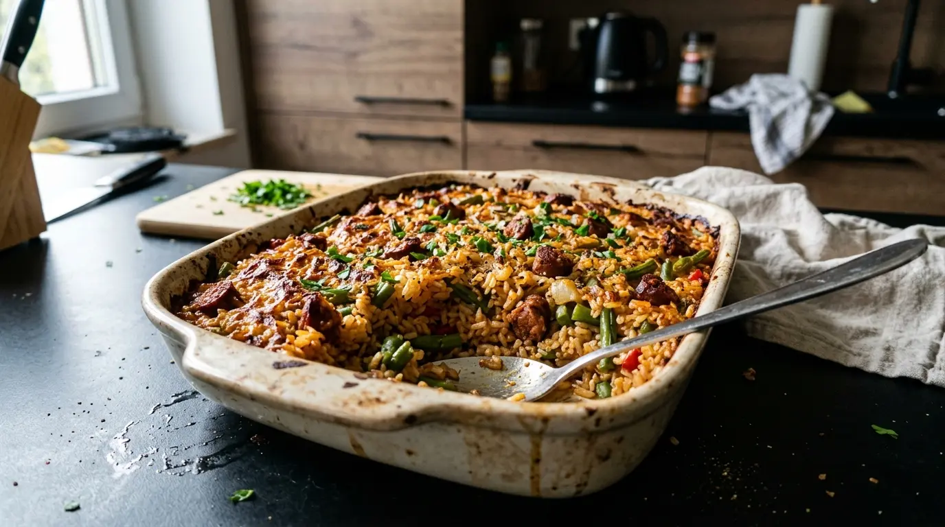 Hiszpańska zapiekanka z ryżu, chorizo i zielonej fasolki