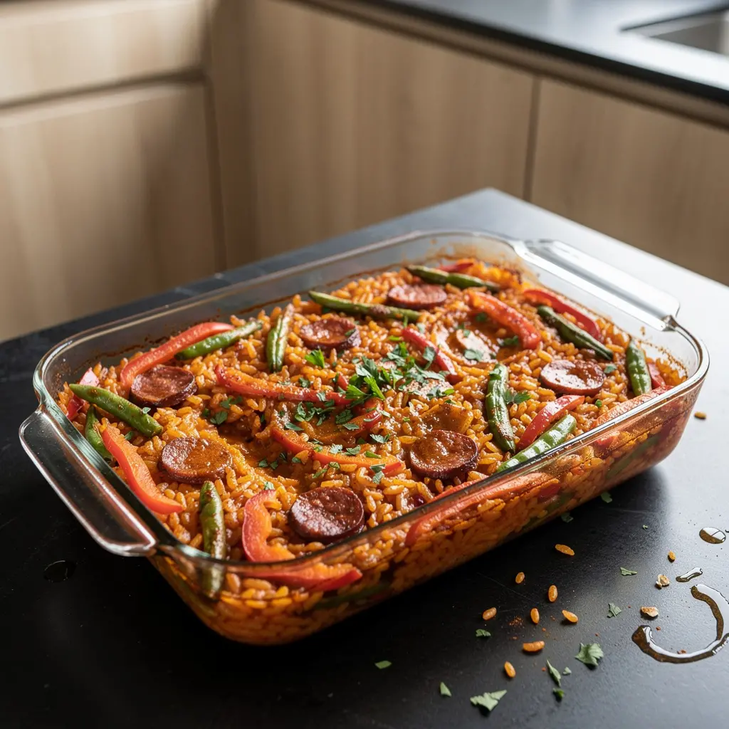 Hiszpańska zapiekanka z ryżu, chorizo i zielonej fasolki
