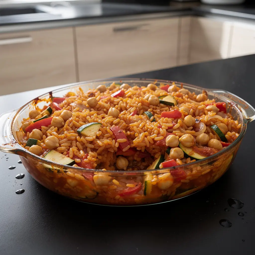 Hiszpańska zapiekanka z ryżu, ciecierzycy i warzyw