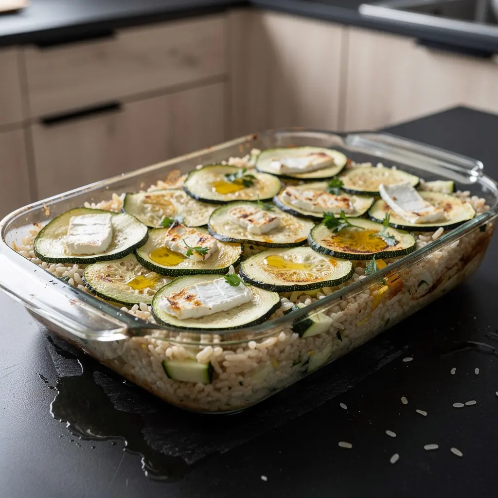 Hiszpańska zapiekanka z ryżu, cukinii i sera koziego