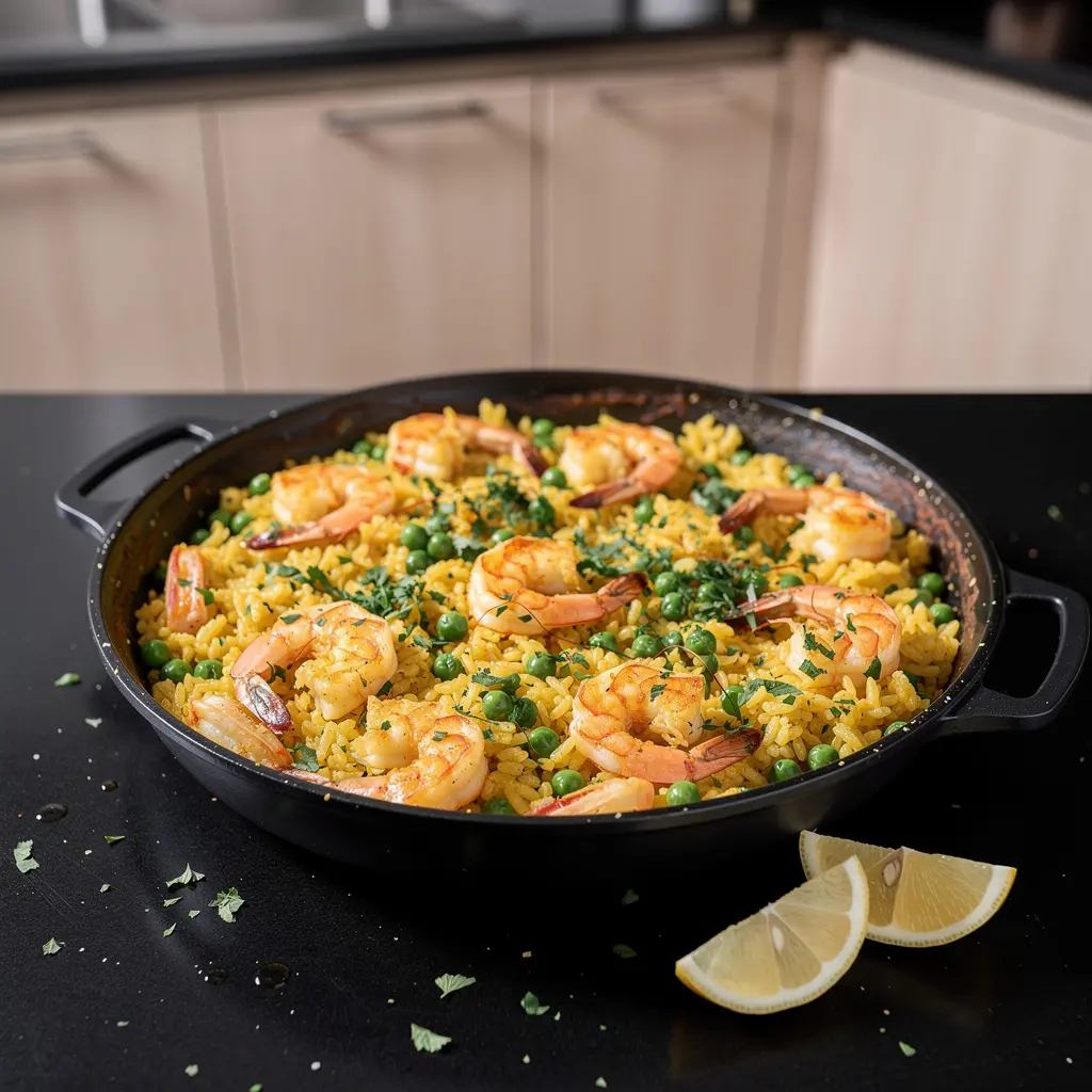 Hiszpańska zapiekanka z ryżu, krewetek i groszku z szafranem