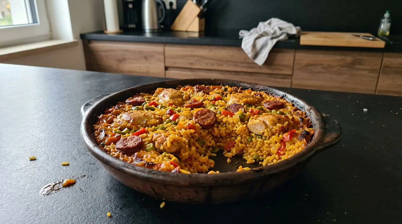 Hiszpańska zapiekanka z ryżu, kurczaka i chorizo