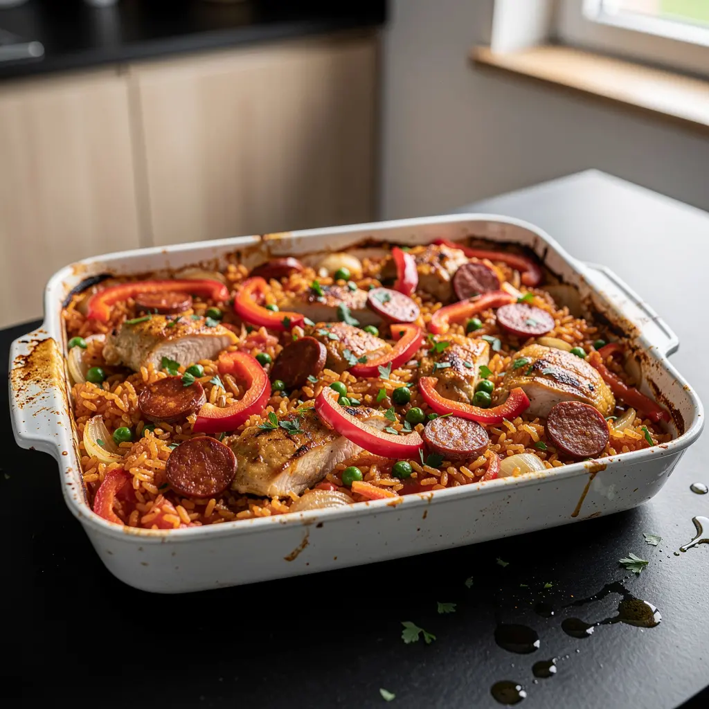 Hiszpańska zapiekanka z ryżu, kurczaka i chorizo