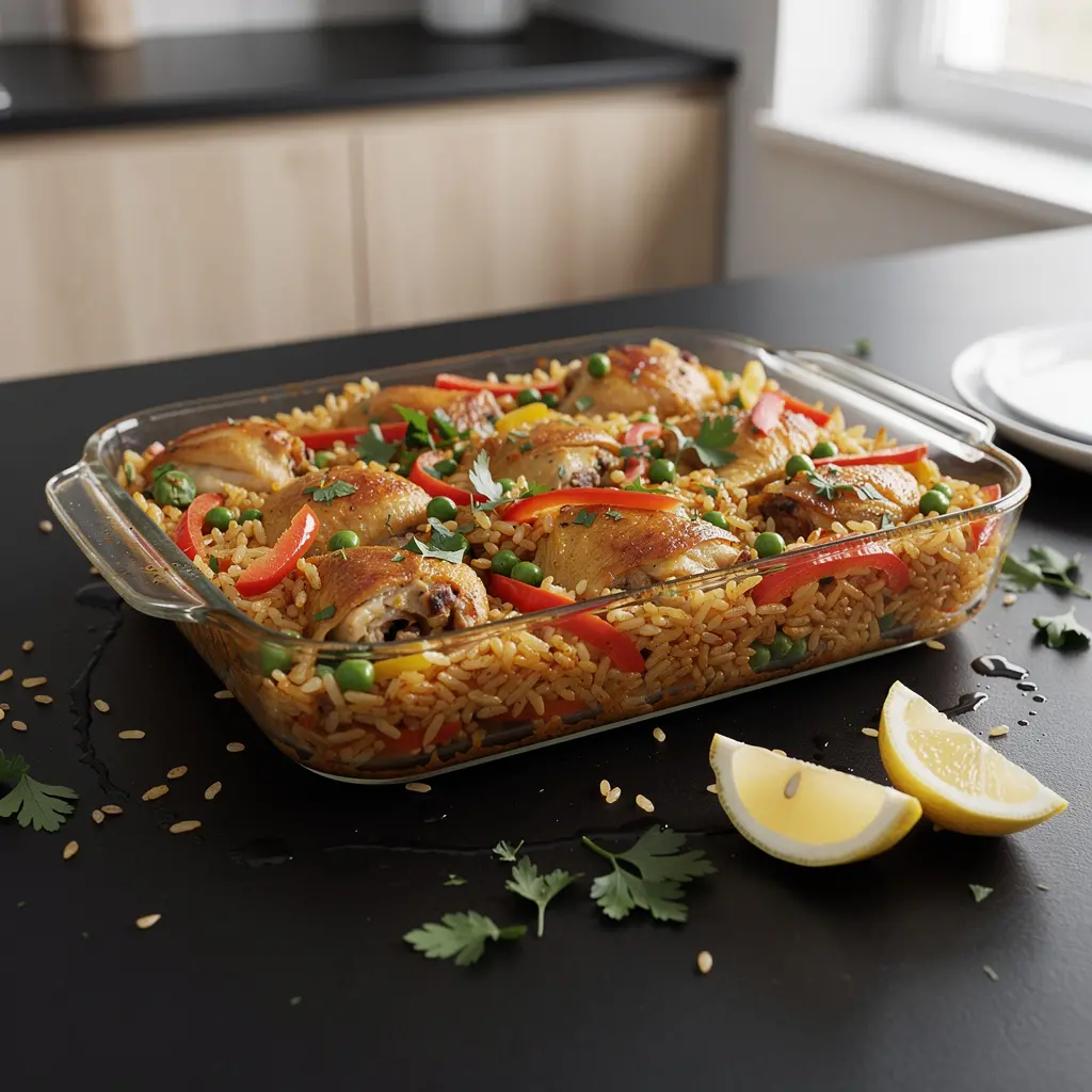 Hiszpańska zapiekanka z ryżu, kurczaka i cytryny